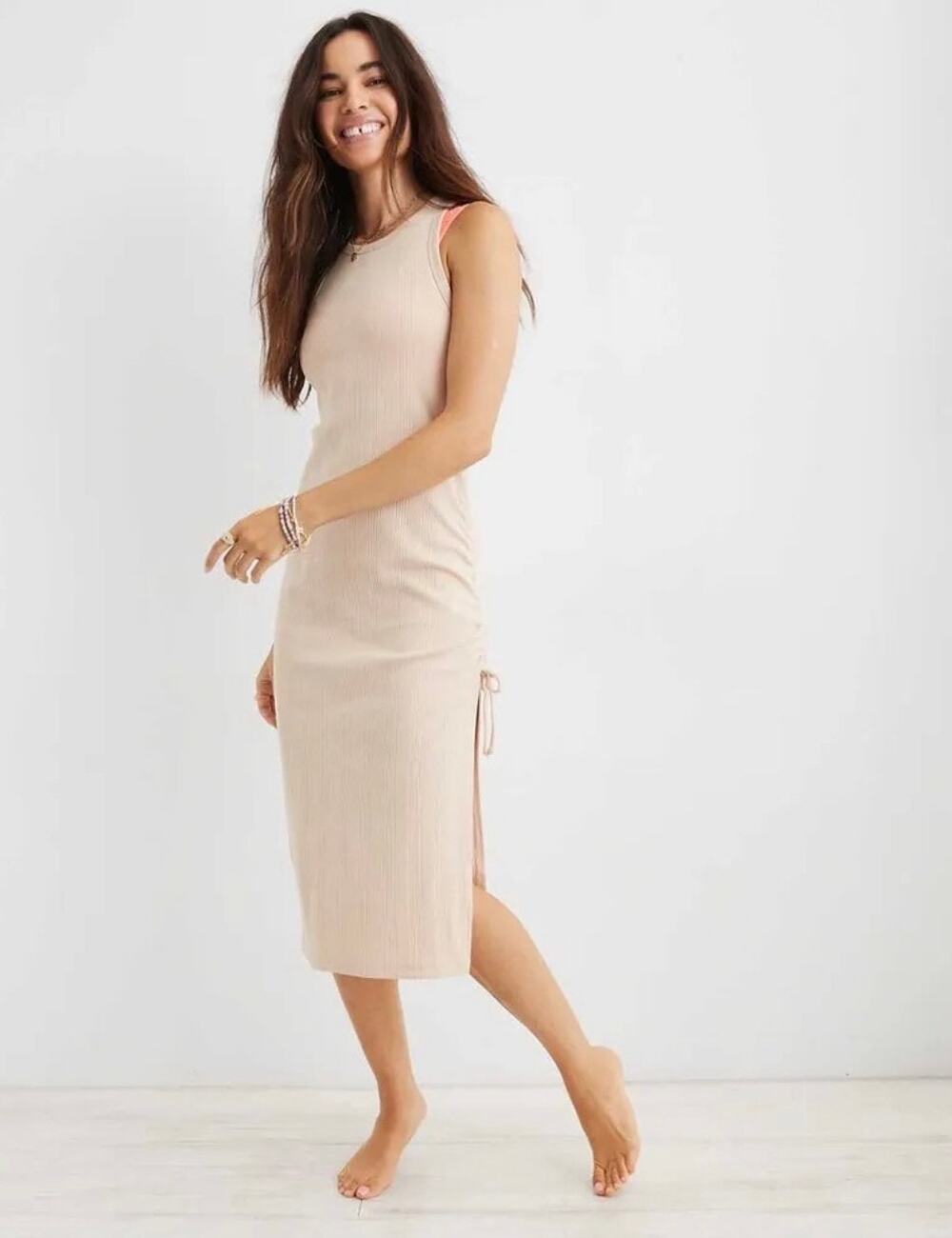Aerie Ruched Rib Midi Dress Beige Size Small Sleeveless Side Tie EUC